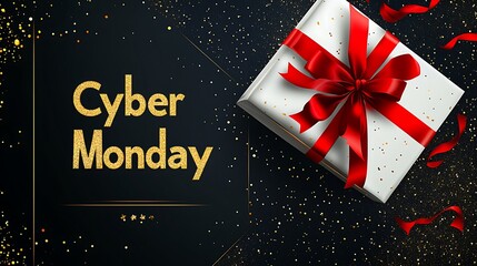 Gold glitter cyber monday promotion with a white gift box.