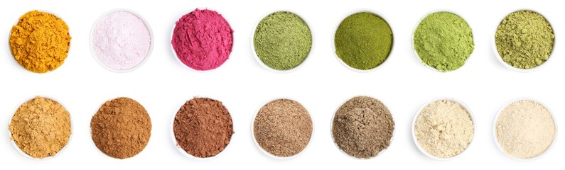 Different superfood powders in bowls on white background, set. Top view