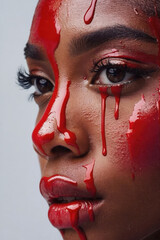 Female face covered with red paint close-up woman beauty. AI Generative