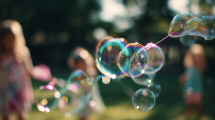 soap bubbles floating in a sunny park, perfect for children's activities, leisure concepts, or summer lifestyle designs