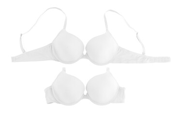 Beautiful bra isolated on white, collage. Top view