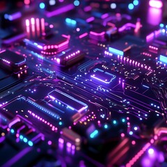 Fototapeta premium Close-up view of intricate circuit board design with vibrant neon lighting.