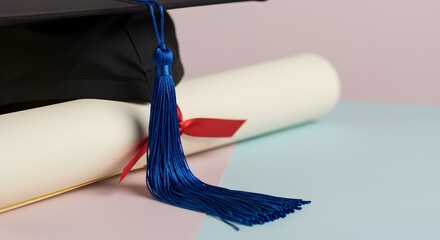 Graduation cap tassel draped over diploma roll