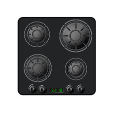 Electric stove induction cooktop with four power boost burners. Domestic equipment. Realistic smooth surface ceramic black glass. Electric hob. Top view. Home appliance. Vector illustration