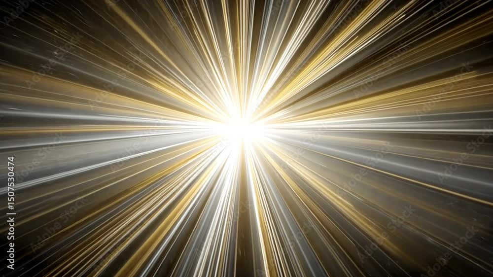 Poster dynamic burst of bright light cosmic energy in golden and white rays, creating abstract visuals of m
