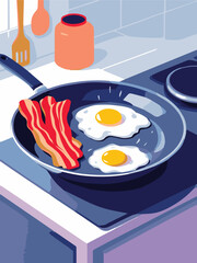 Classic Breakfast with Eggs and Bacon – Frying Pan Illustration
