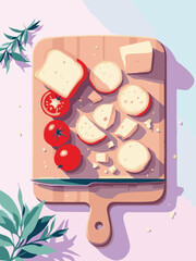 Bread Slices and Tomatoes on Board – Breakfast Prep Illustration
