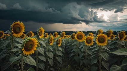 Obraz premium Generative AI-generated illustration: Sunflower Field Under Dramatic Sky