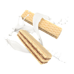 Tasty crispy wafers and splashing milk on white background