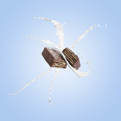 Tasty crispy wafer and splashing milk on light blue background