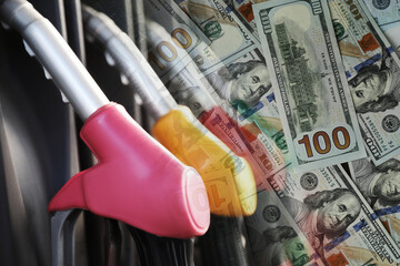 Fuel price. Gas filling station and dollar banknotes, double exposure
