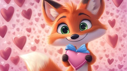 A cheerful fox holding a heart-shaped gift.