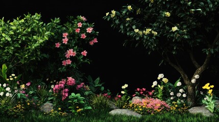 Trees and flowers, black background