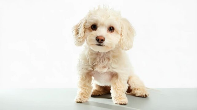 Adorable Cavapoo Puppy Portrait on White Background. A charming portrait of a cream-colored Cavapoo puppy, looking directly at the camera with its big, expressive eyes. 