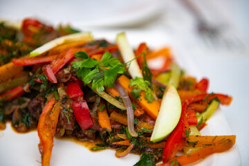 In the restaurant, the dish of different vegetables is beautiful