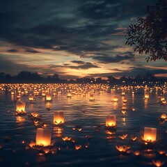 Many paper lanterns float on water at sunset.