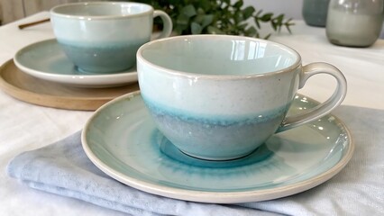 Fototapeta premium Elegant Ceramic Tea Cups with Saucers in Soft Blue Tones on a Table with a Linen Napkin Close Up Generated using Raphael AI (free version with commercial use rights)