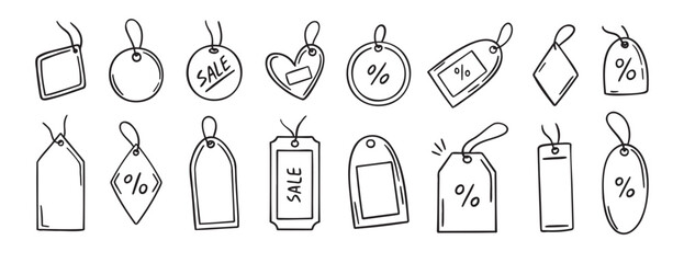Price tag for sale or gift label doodle hand drawn icon set. Outline drawing price sale tag ribbon, discount label line clipart symbol collection.