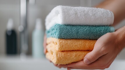 A person joyfully holding a stack of colorful towels in a bright bathroom, symbolizing comfort, hygiene, and personal care within a vibrant living space.