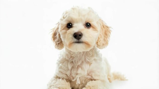 Adorable Cavapoo Puppy Portrait on White Background. A charming portrait of a cream-colored Cavapoo puppy, looking directly at the camera with its big, expressive eyes. 