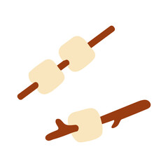 Two sticks with marshmallows on them. The sticks are brown and the marshmallows are white