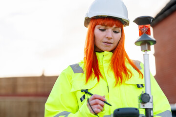 Portrait of Female Surveying expert in bright hi-viz safety coat operating surveying instrument to...