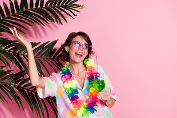 Portrait of nice young lady mojito glass empty space wear shirt isolated on pink color background