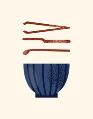 Asian tea ceremony utensils teapot, bowls, whisk, spoon, tray isolated on background. Flat vector illustration in decorative modern style. Tea culture and mindfulness concept
