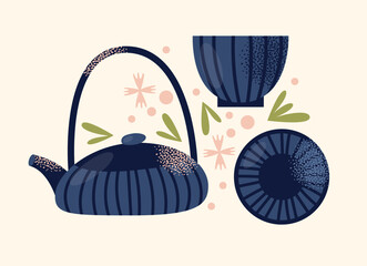 Asian tea ceremony utensils teapot, bowls, whisk, spoon, tray isolated on background. Flat vector illustration in decorative modern style. Tea culture and mindfulness concept
