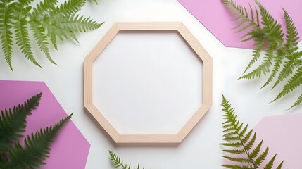 Octagon wooden frame surrounded by fern leaves on a colorful background.