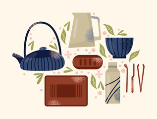 Asian tea ceremony utensils teapot, bowls, whisk, spoon, tray isolated on background. Flat vector illustration in decorative modern style. Tea culture and mindfulness concept