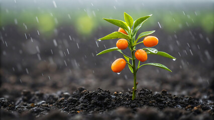 A small orange fruit plant growing in the rain under a soft focus bokeh background