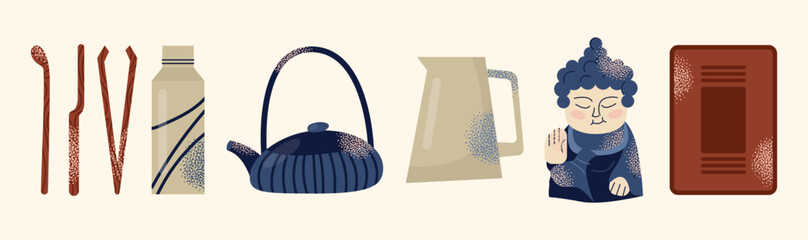 Asian tea ceremony utensils teapot, bowls, whisk, spoon, tray, and Buddha statue isolated on background. Flat vector illustration in decorative modern style. Tea culture and mindfulness concept