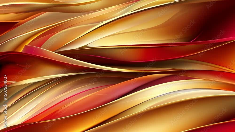 Poster vibrant abstract background with smooth curves and flowing waves in red, gold, and orange, evoking e