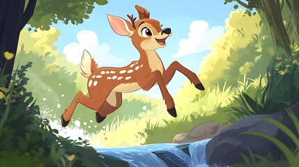Animated fawn leaping over a babbling brook.