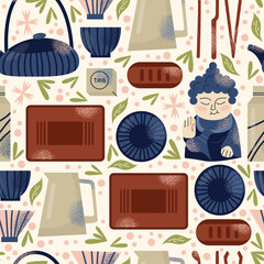 Asian tea ceremony utensils seamless pattern teapot, bowls, whisk, spoon, tray, and Buddha statue background. Flat vector illustration in decorative modern style. Tea culture and mindfulness concept