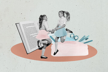 Full 3d image photo collage of two happy schoolgirls classmate dance together open book pencil-case...