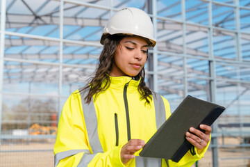 Portrait of happy smiling female construction worker builder with tablet, dressed in high visibility gear and helmet, standing in front of partially completed steel frame structure