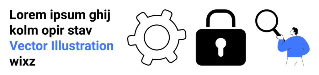 Gear, lock, and person holding a magnifying glass symbolize technology, security, and research. Ideal for innovation, cybersecurity, analysis, development problem-solving education simple landing