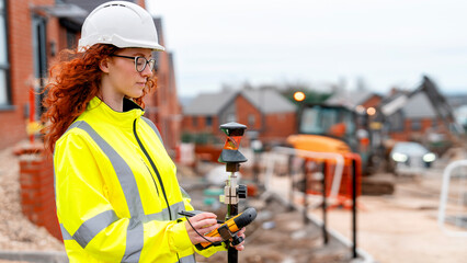 Portrait of confident female land surveyor with long hair in bright safety gear using surveying...
