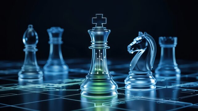 Chess pieces on board with digital circuit design, strategy game.