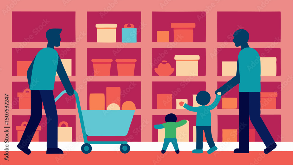 Poster exploring aisles a wide view of an aisle filled with shelves of toys featuring a parent pushing the 