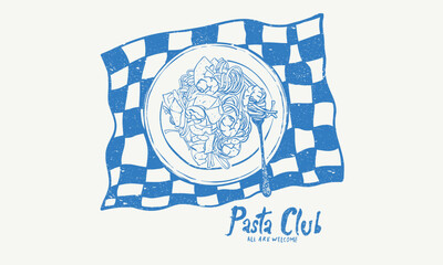 Pasta love club artwork for t shirt print, poster, sticker and other uses. Pasta club. Noodles artwork.