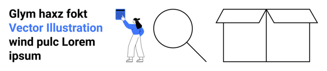 Woman with book, large magnifying glass, and open box symbolizing analysis, education, research, packaging, exploration, knowledge sharing and organization. Ideal for e-commerce or simple landing