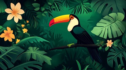 Toucan perched amidst lush tropical foliage.