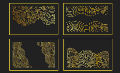 Abstract wave golden line vector patterns set. Art deco fancy art posters and japanese luxury graphic design. For wine package and wedding invitation