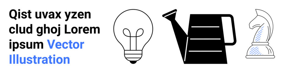 Lightbulb representing creativity, watering can for growth, and chess knight for strategy. Ideal for creativity, innovation, growth, decision-making, learning, leadership simple landing page