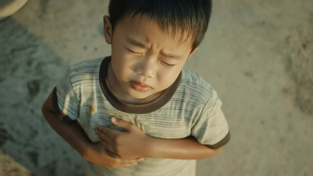 A young boy expresses discomfort while clutching his stomach. The setting is an outdoor area under bright sunlight, where he appears concerned about his stomach ache.