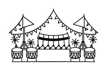 Naklejka premium Festive stage illustration with drums palm trees and decorative bunting for performances and events