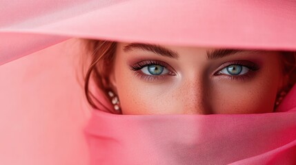 An enchanting portrait of a woman partially covered by a soft pink veil, with stunning blue eyes and an alluring expression, embodying mystery and elegance.